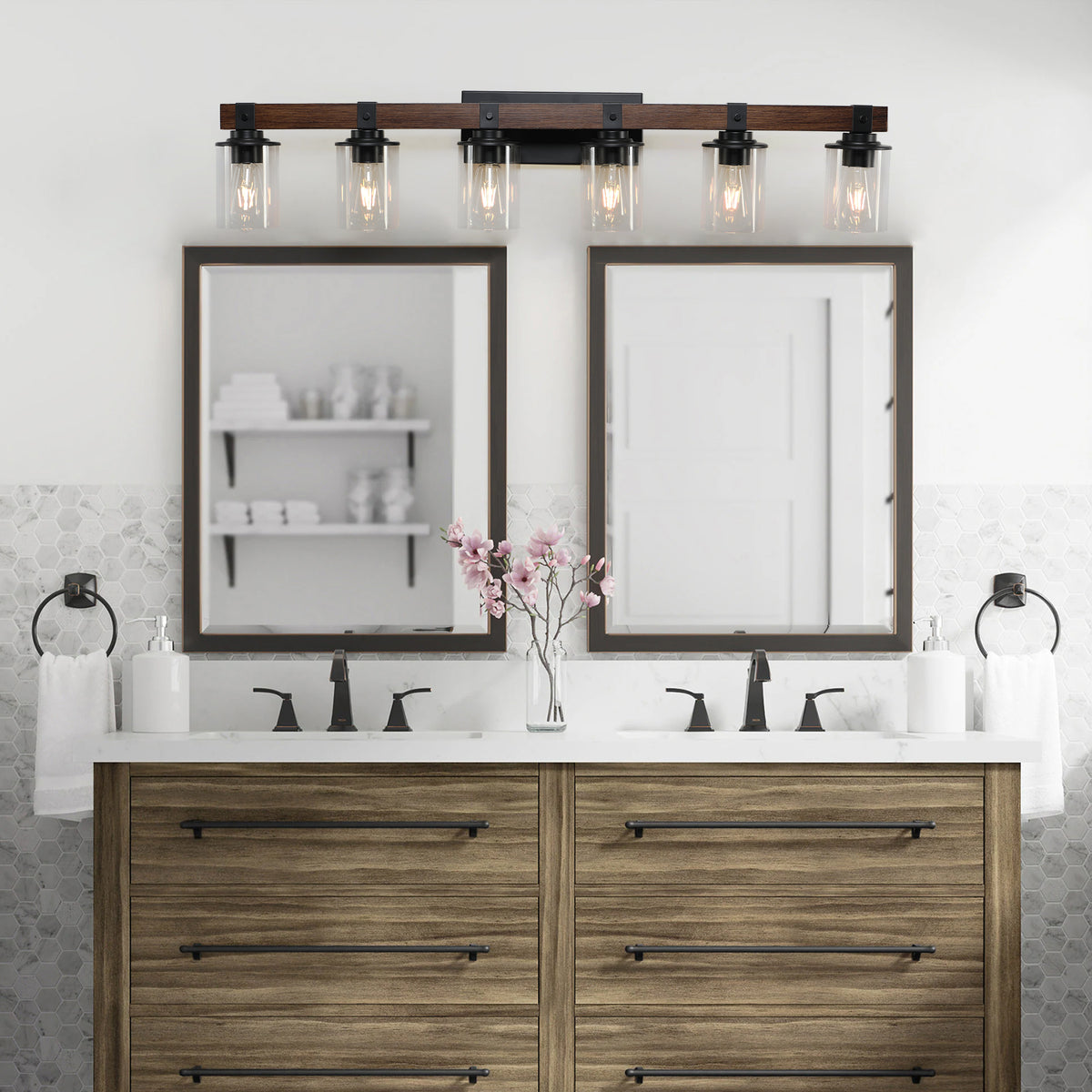 Alternate angle of Vanity Light Industrial 6-Light Glass Shades Walnut Glass