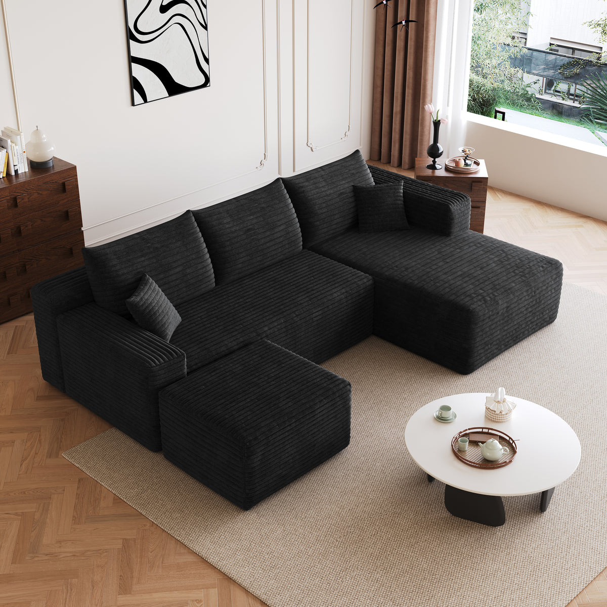 Design feature view of Sectional Sofa Modular with Ottoman Black Corduroy