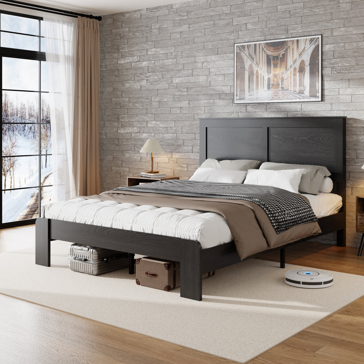 Platform Bed Frame No Box Spring Antique Black Wood Full Size in a modern bedroom