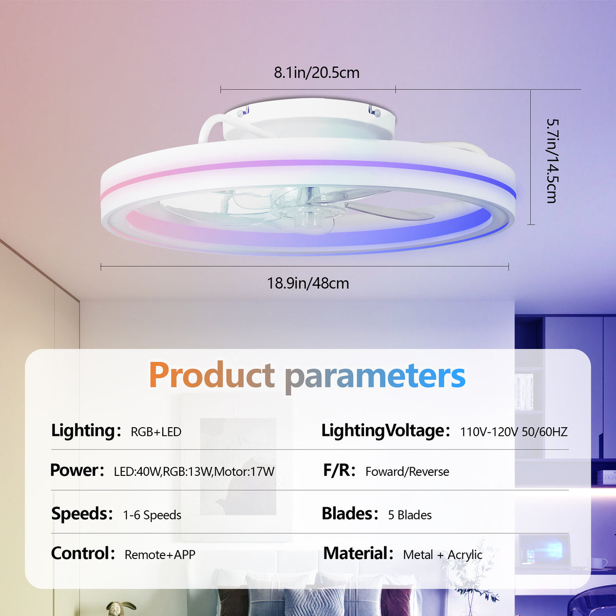 Additional view of Ceiling Fan Modern Remote & App Control White Iron