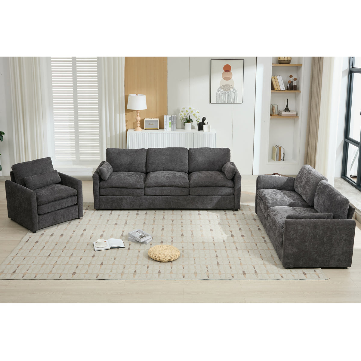 Sofa Set Modern Double-Cushion Seating Gray Chenille 6-Seater in a modern living room