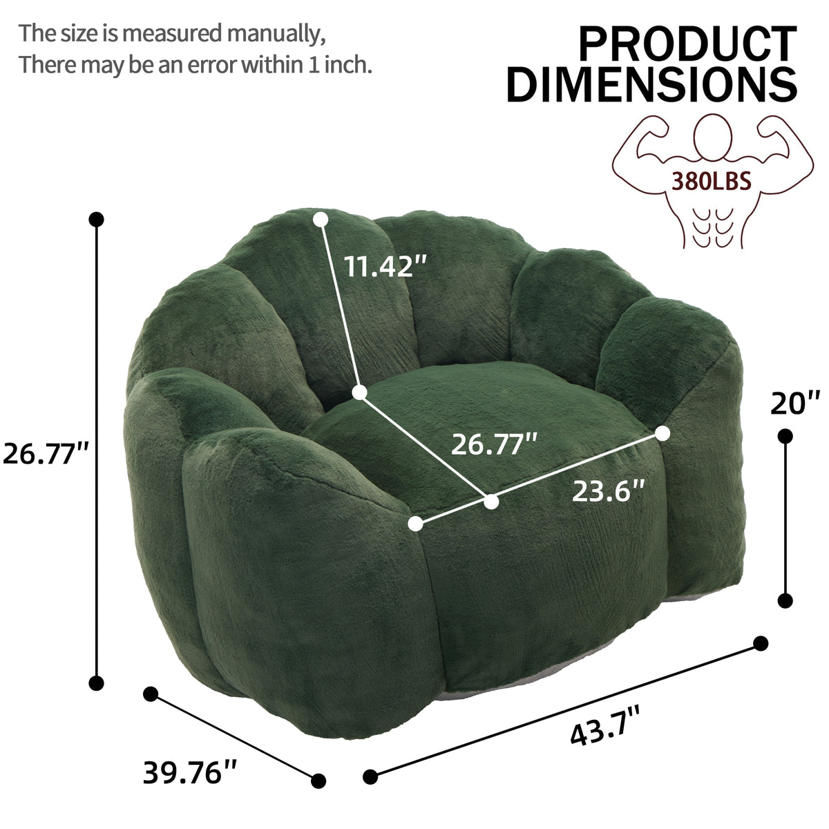 Alternate angle of Bean Bag Chair Compressed Foam Green Faux Fur