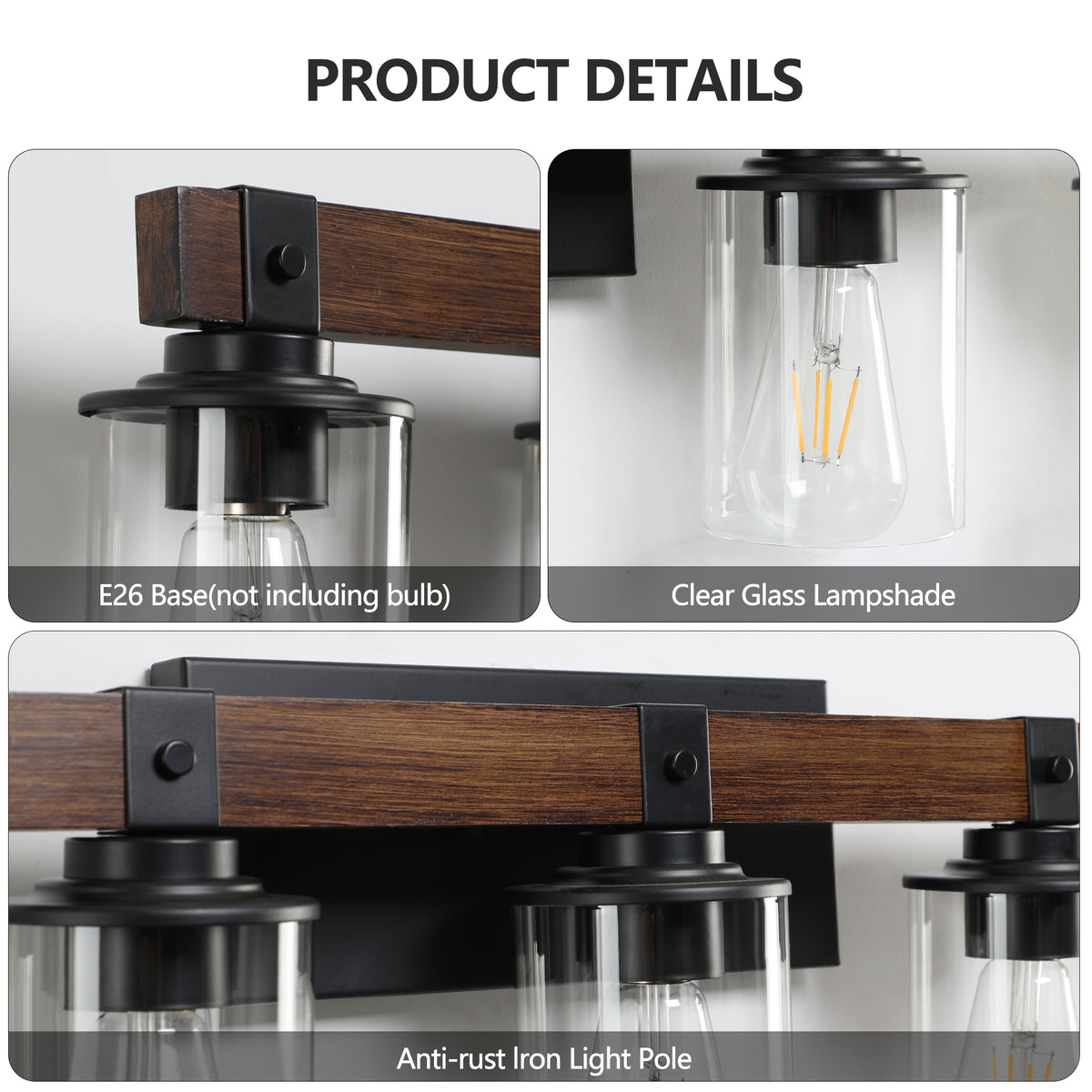 Additional view of Vanity Light Industrial 6-Light Glass Shades Walnut Glass