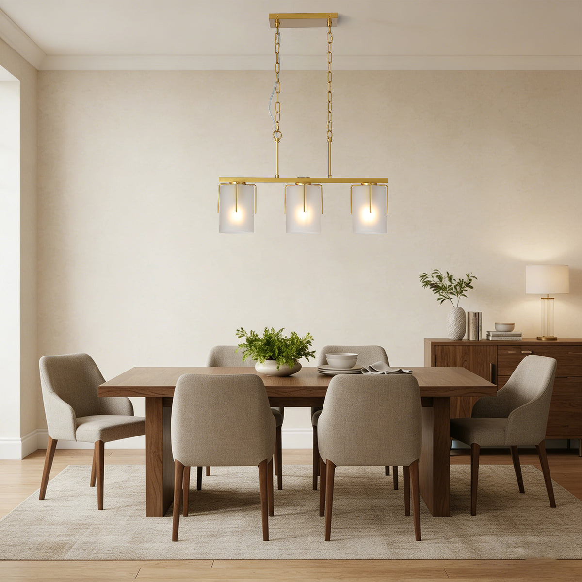 Construction and detail view of Chandelier Modern 3-Light Linear Gold Glass & Metal
