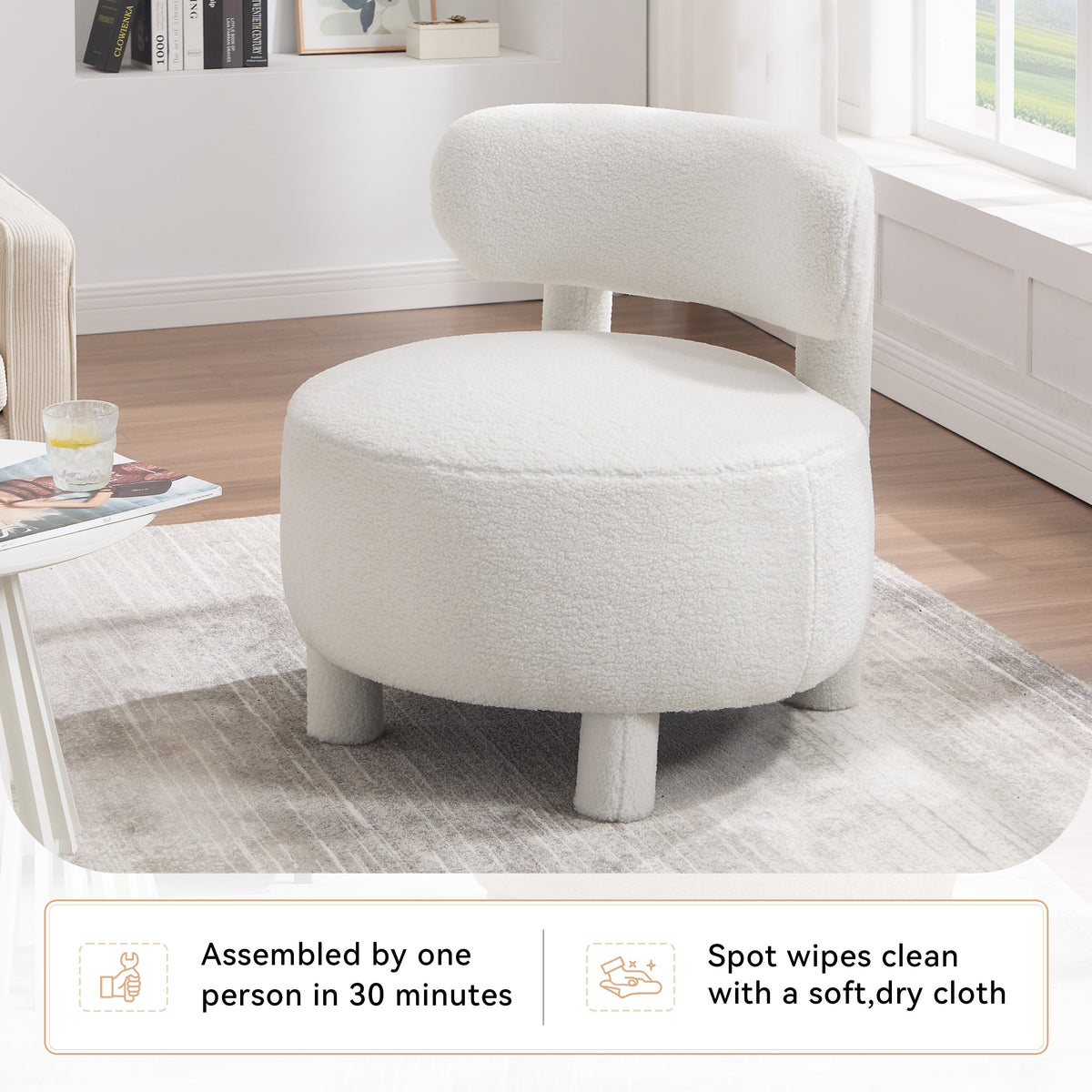 Construction and detail view of Accent Chair Cushioned Seating White Teddy Fabric
