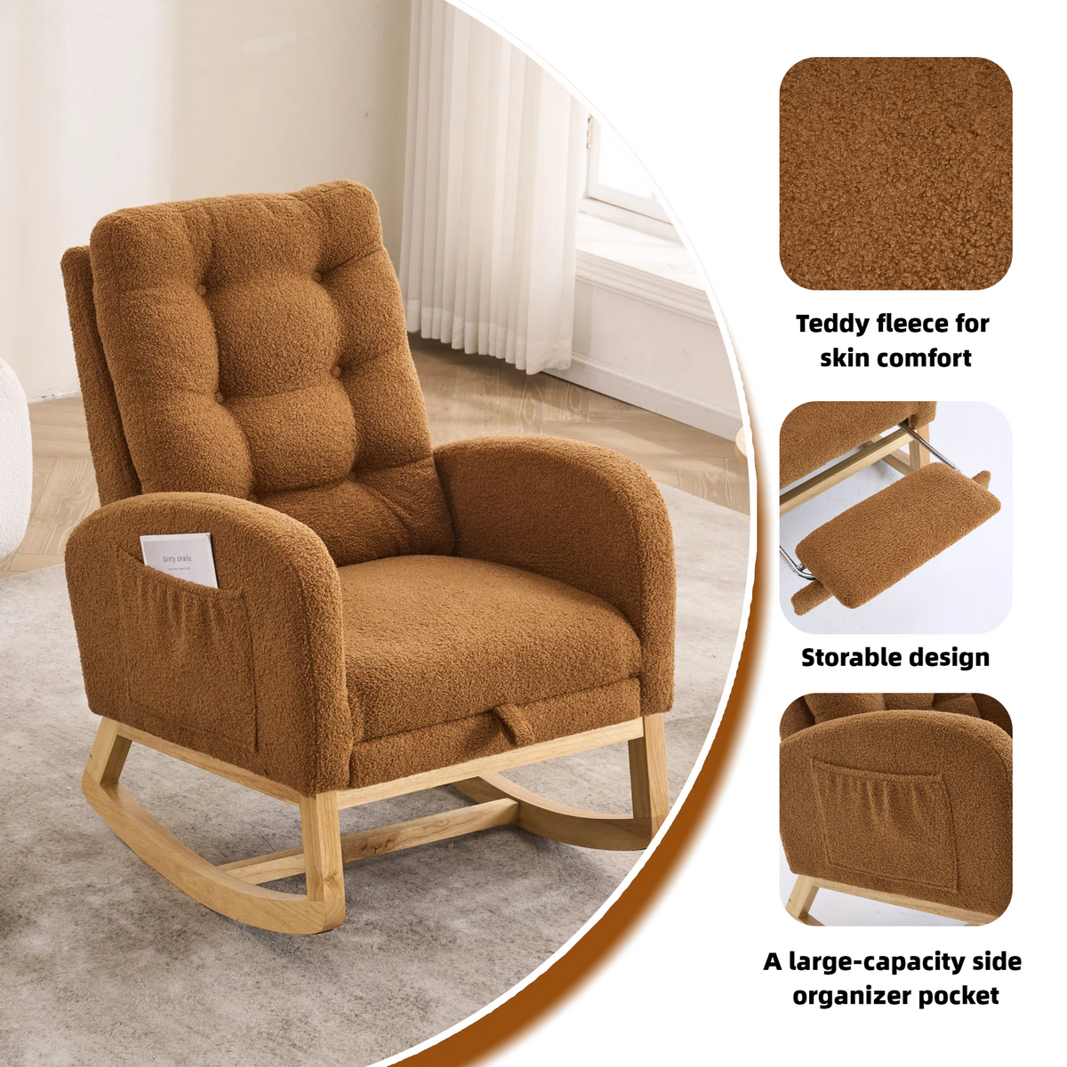 Additional view of Rocking Chair High Back & Footrest Caramel Rubber Wood