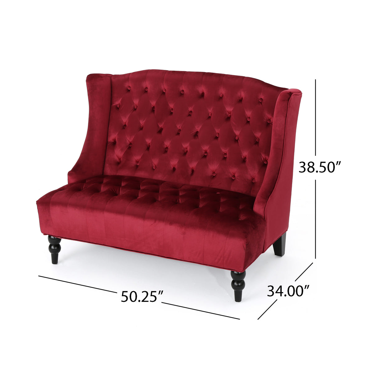 Alternate angle of Loveseat Sofa Cushioned Seating Wine Red Velvet 2-Seater