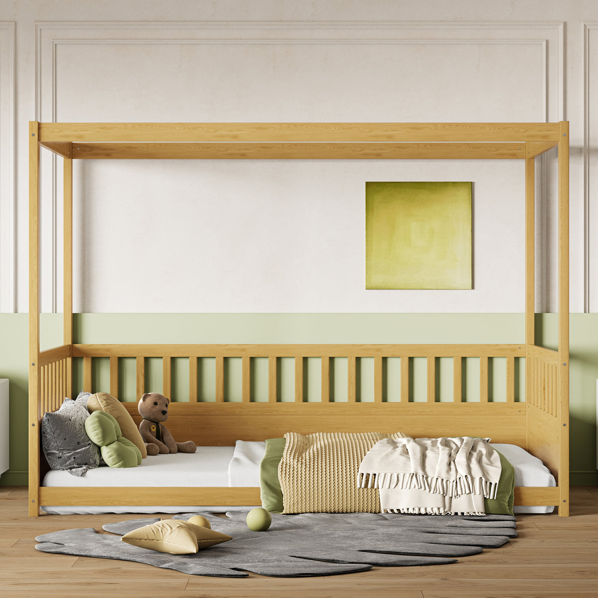Canopy Bed Modern Guardrails Natural Wood Pine Twin Size in a modern bedroom