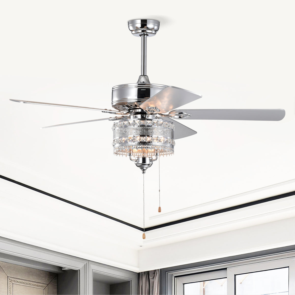 Alternate angle of Ceiling Fan Light 2-in-1 Crystal Chandelier Chrome Metal & Crystal