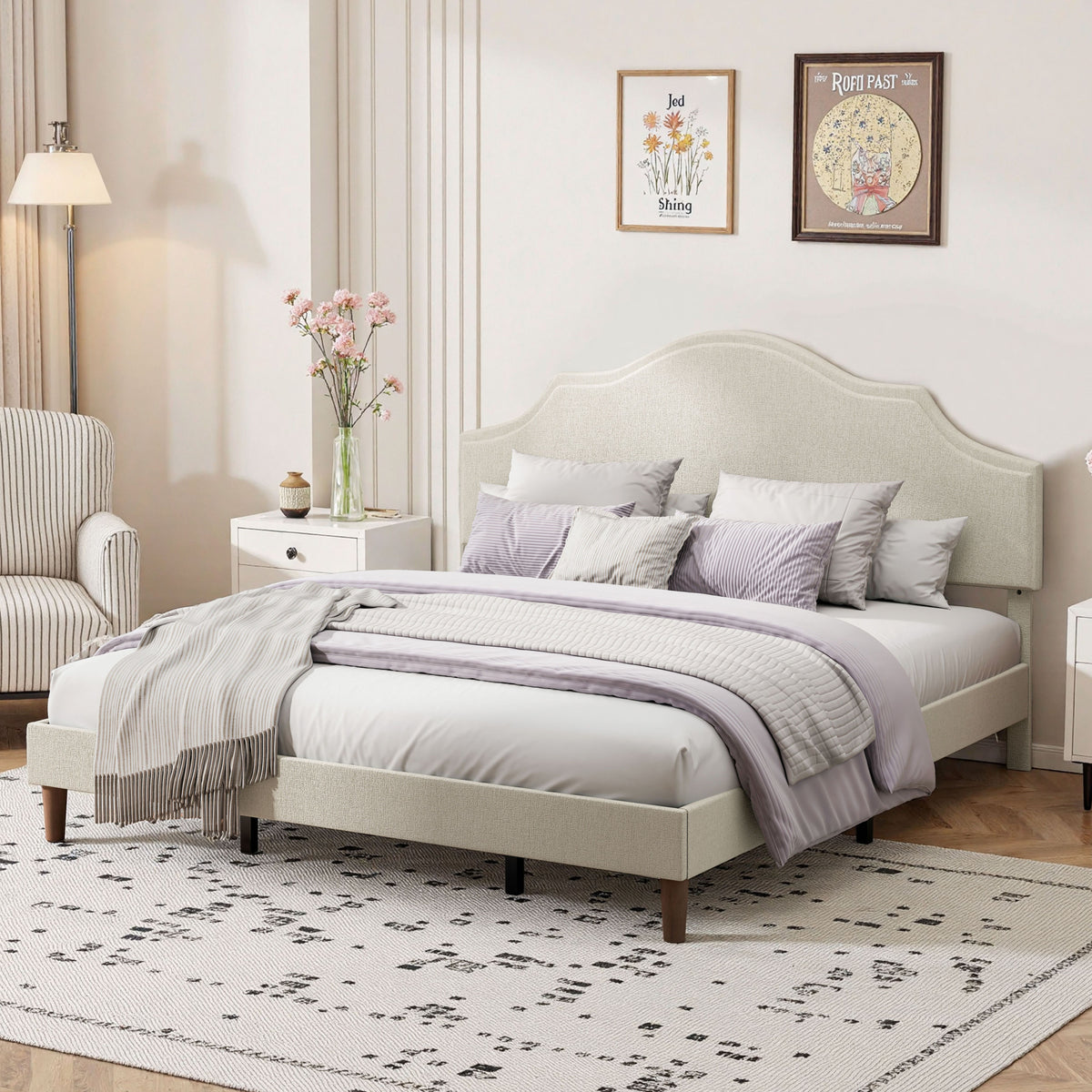 Platform Bed Frame Adjustable Headboard Beige Linen King Size in a modern bedroom