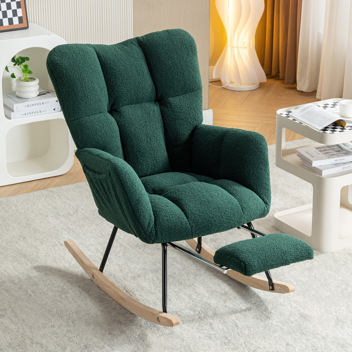 Rocking Chair Adjustable Footstool Green Teddy Fabric in a modern living room