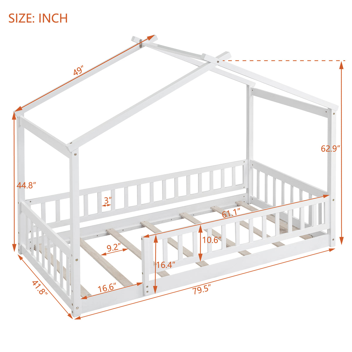 Close-up detail of Kids Bed Frame House Frame & Fence White Pine Wood Twin Size