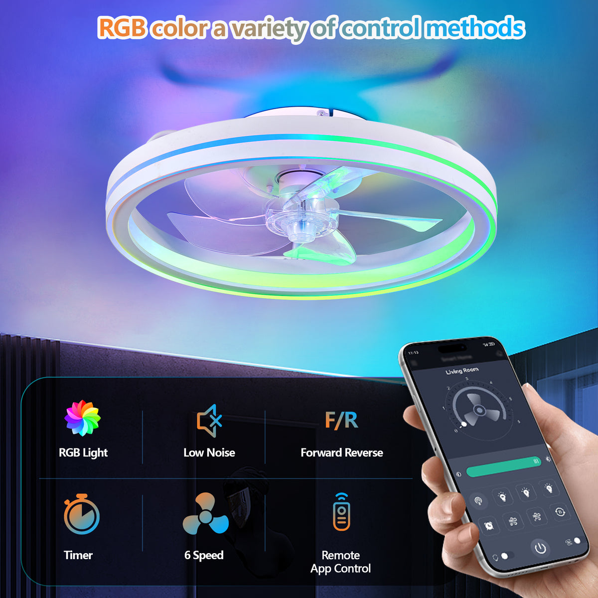 Close-up detail of Ceiling Fan Modern Remote & App Control White Iron