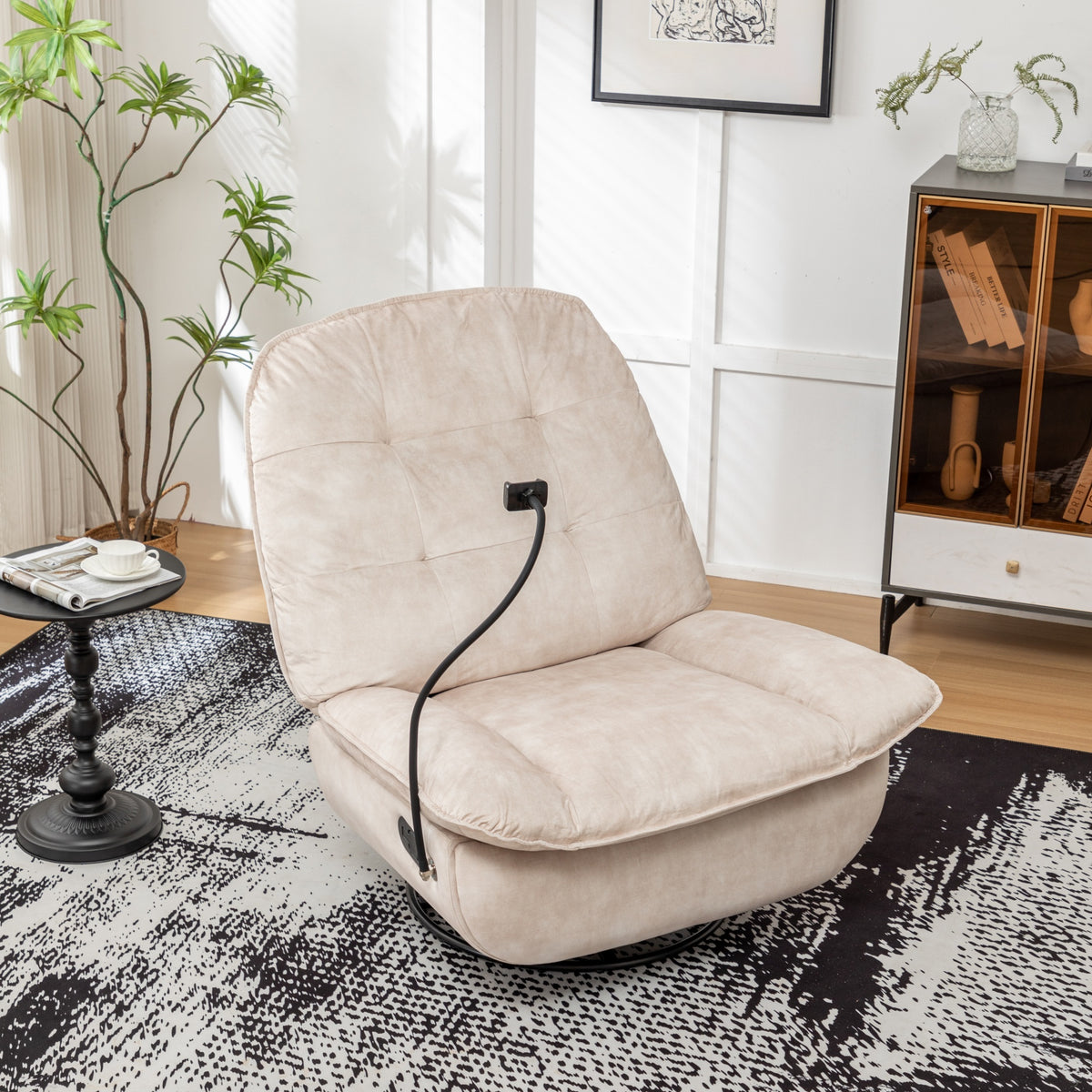 Lounge Chair Reclining Ivory Velvet in a modern living room