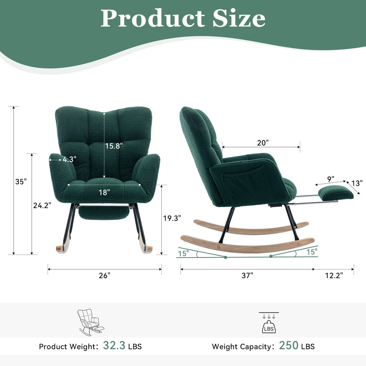 Full product view of Rocking Chair Adjustable Footstool Green Teddy Fabric