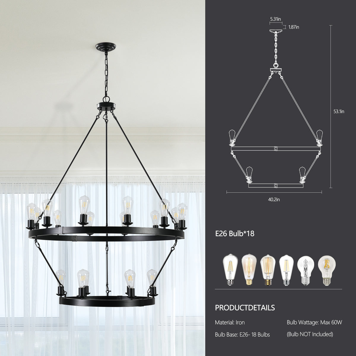 Close-up detail of Chandelier Retro 2-Tier Circular Design Black Iron