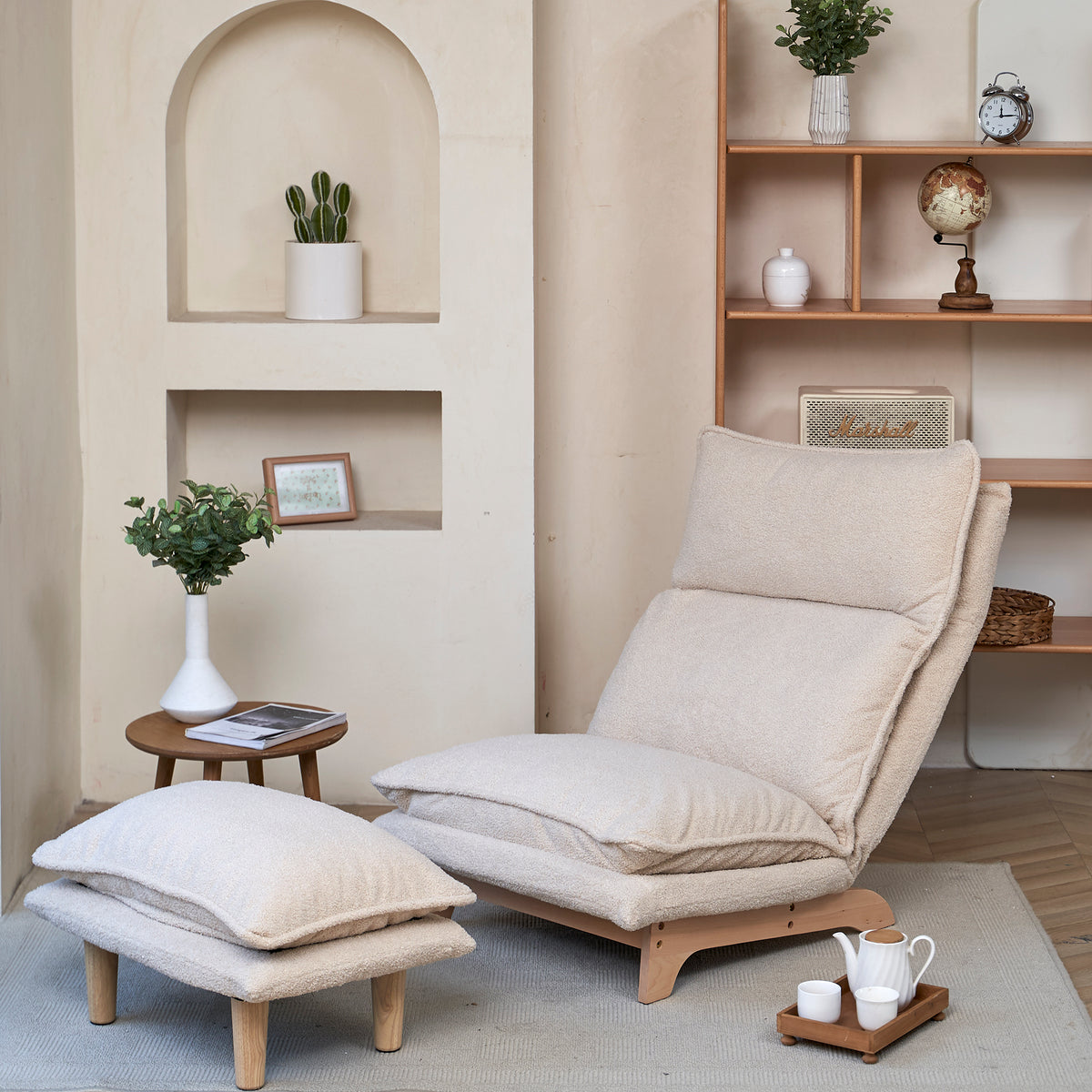 Reclining Lounge Chair Convertible Sleeper Beige Metal in a modern living room