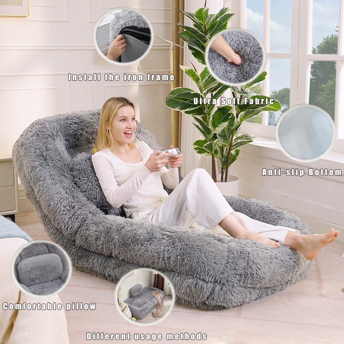 Construction and detail view of Floor Lounge Chair 5-Position Adjustable Gray Polyester