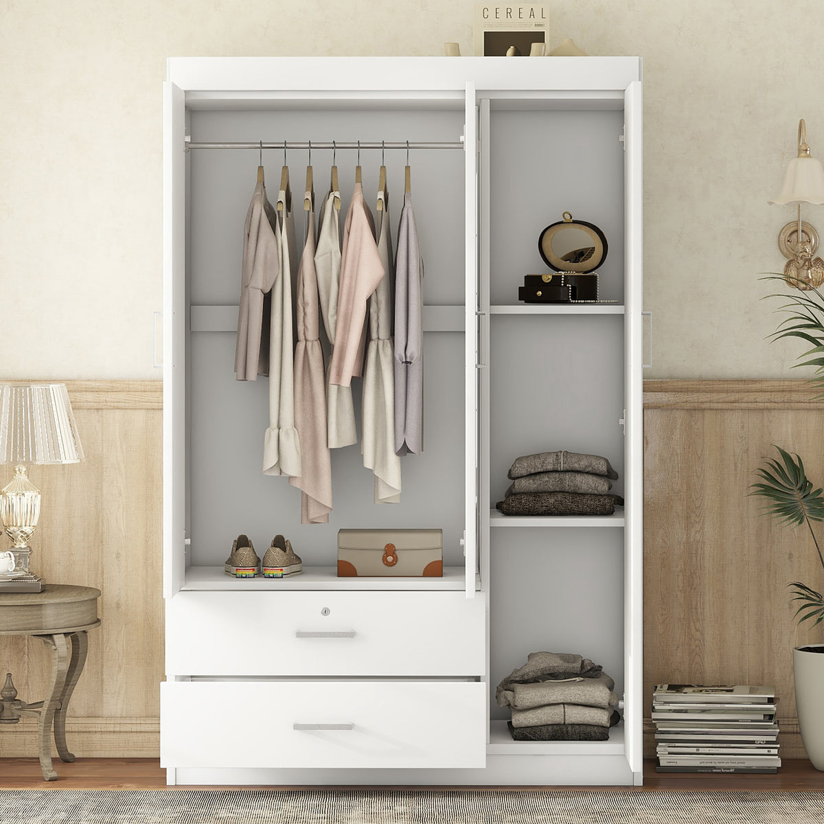 Full product view of Mirrored Wardrobe 3-Door Mirrored Storage White Plywood