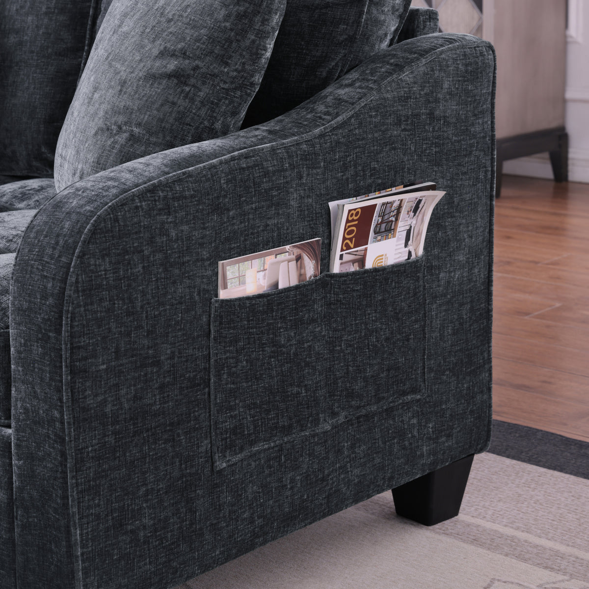 Construction and detail view of Loveseat Sofa Cushioned Seating Black Corduroy 2-Seater
