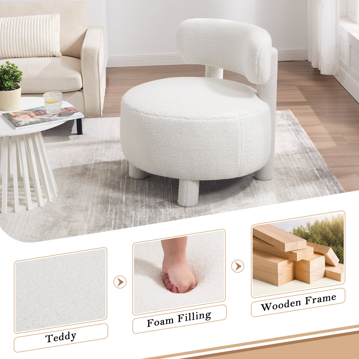Alternate angle of Accent Chair Cushioned Seating White Teddy Fabric