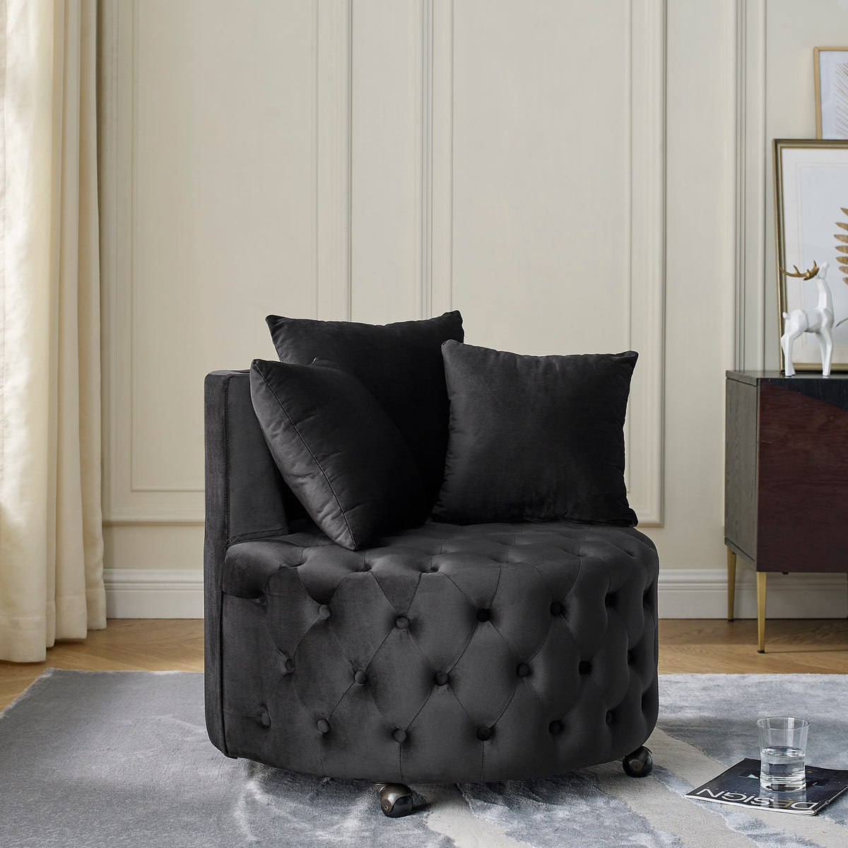 Close-up detail of Accent Chair Modern Glam Tufted Swivel & Wheels Black Velvet