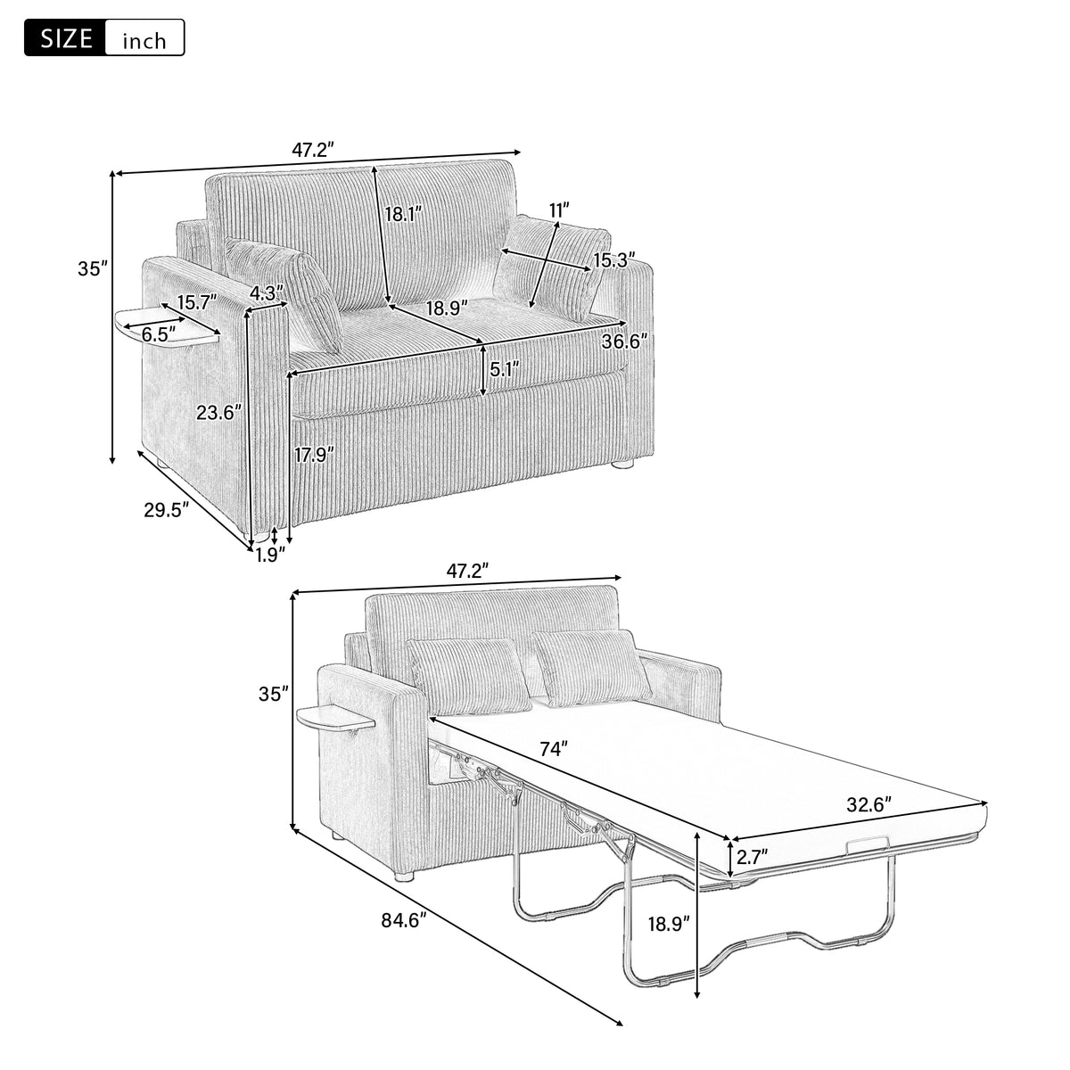 Alternate angle of Sofa Bed Twin Sleeper with USB Ports & Side Table Gray & Brown Corduroy