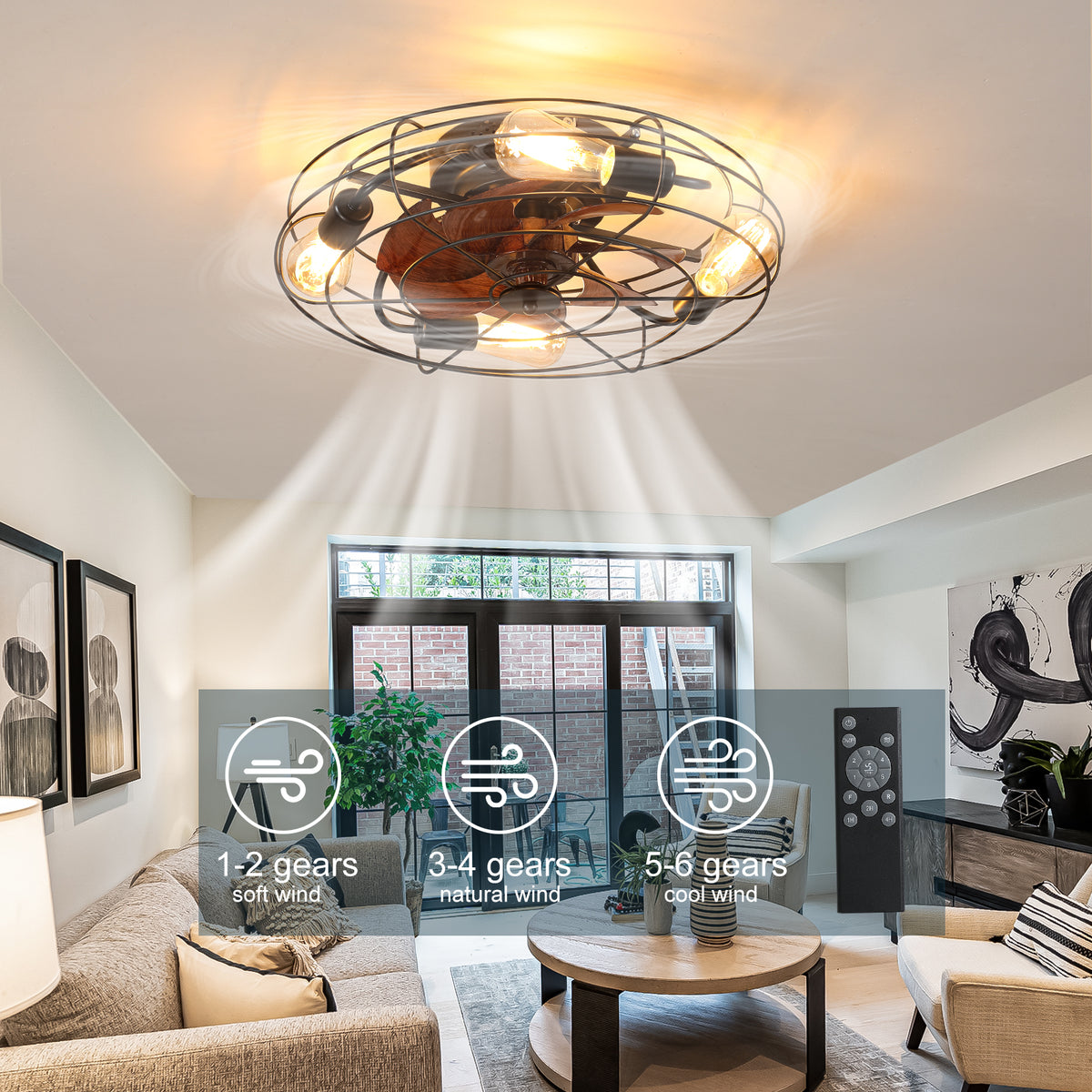 Design feature view of Ceiling Fan Light Farmhouse Remote Control Black Iron