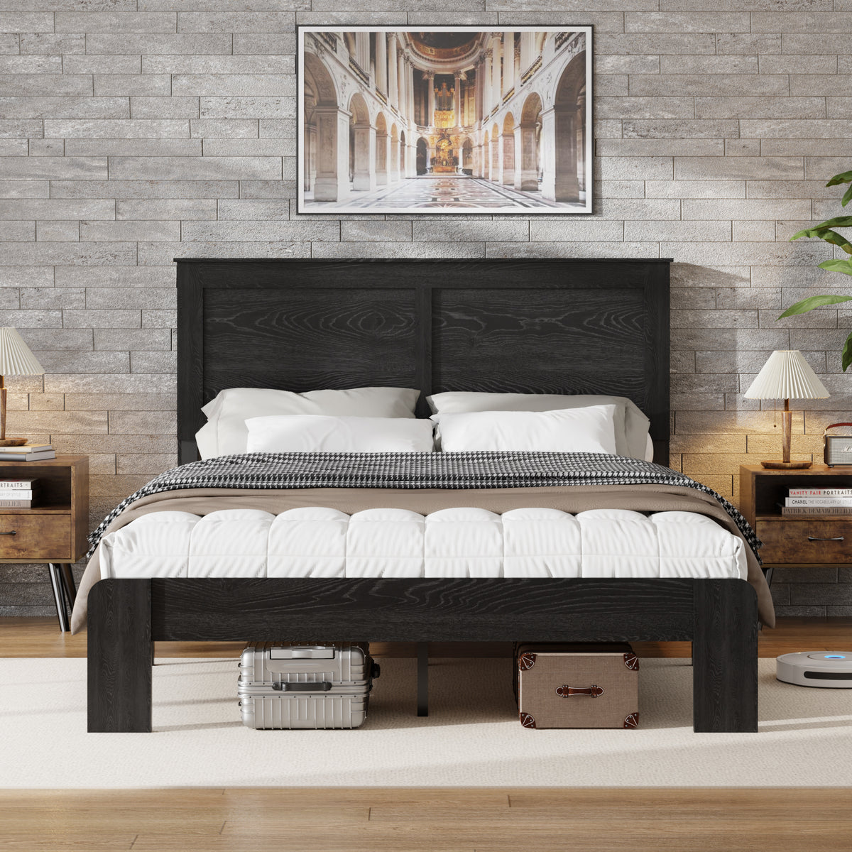 Full product view of Platform Bed Frame No Box Spring Antique Black Wood Full Size