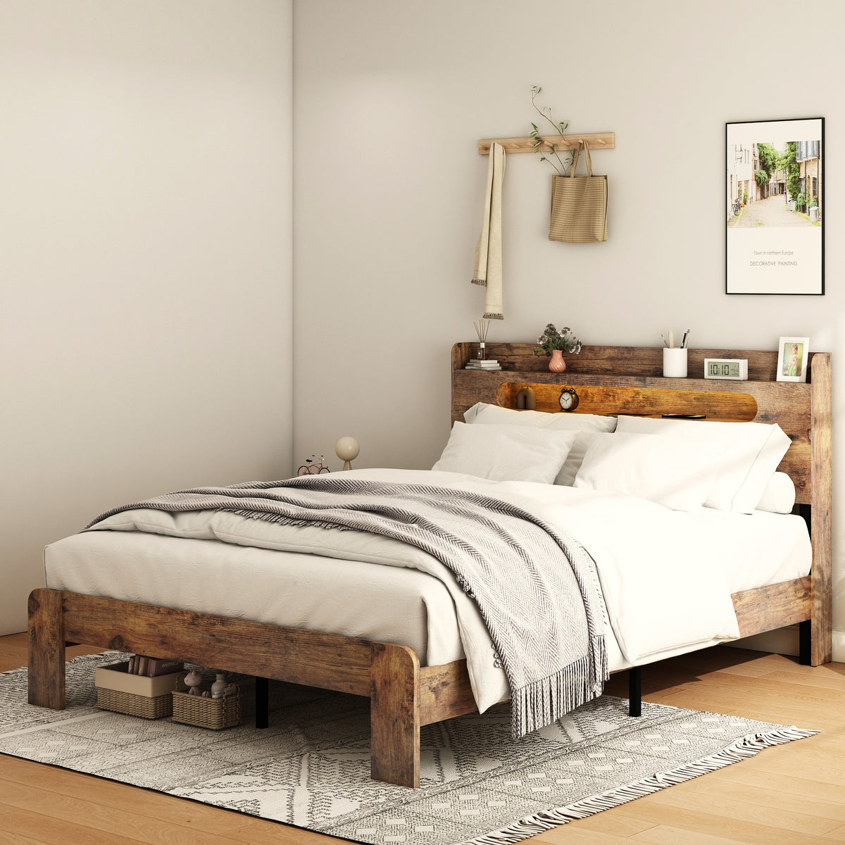 Close-up detail of Platform Bed Frame LED Storage Headboard Dark Brown Wood King Size
