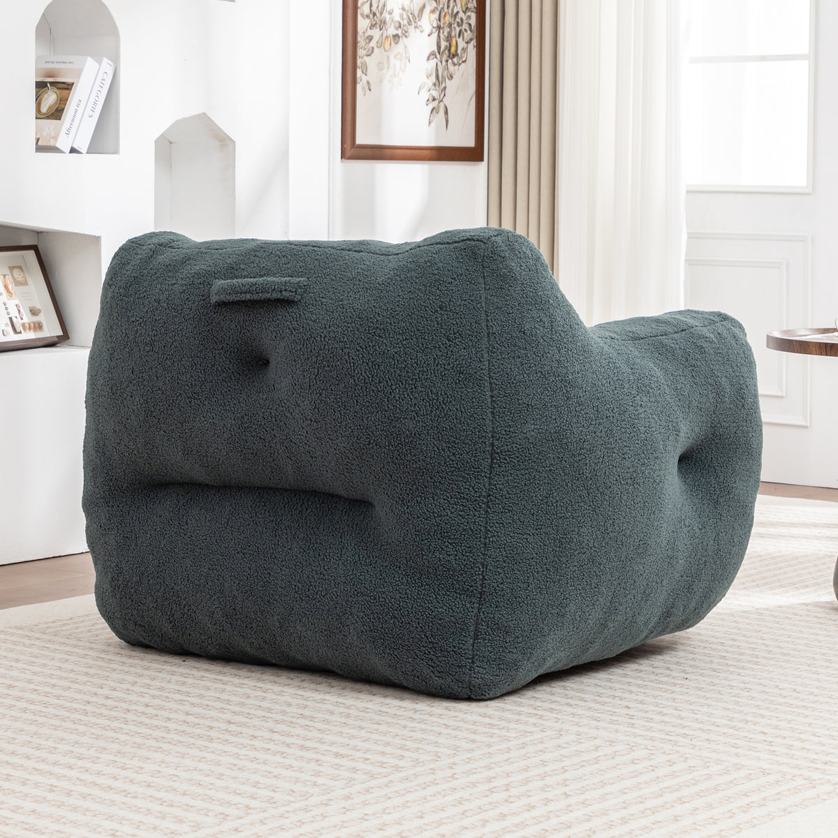 Construction and detail view of Bean Bag Chair Oversized Seating Light Green Teddy Fabric
