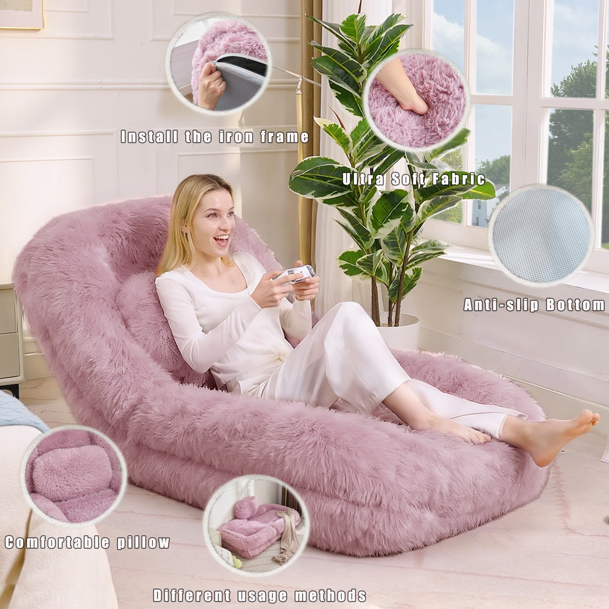 Construction and detail view of Floor Lounge Chair 5-Position Adjustable Pink Polyester