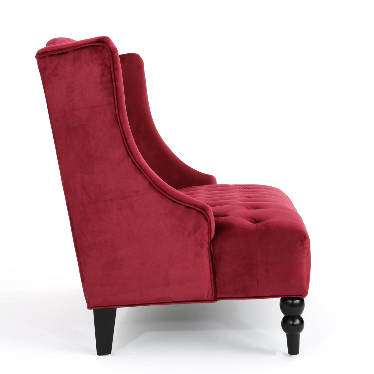 Construction and detail view of Loveseat Sofa Cushioned Seating Wine Red Velvet 2-Seater