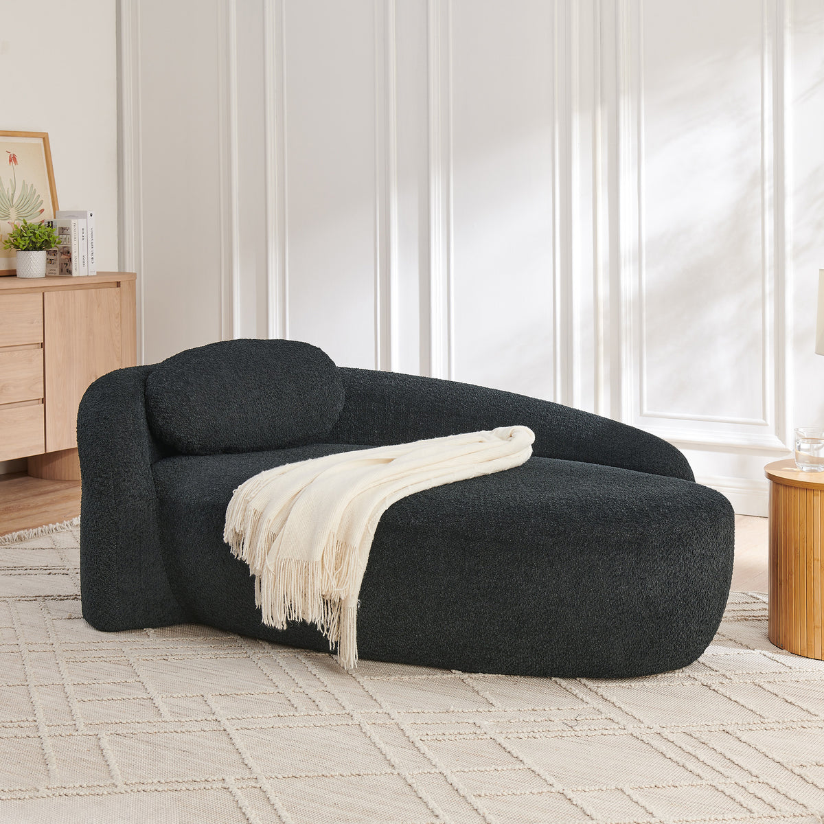Accent Chair Backrest & Pillow Black Bouclé Fabric 1-Seater in a modern living room