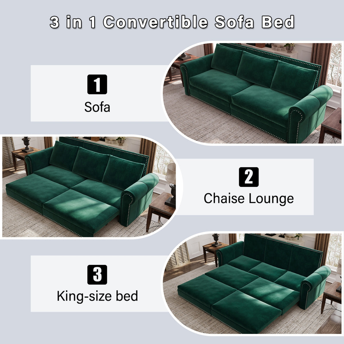 Additional view of Sofa Bed Pull-Out Sleeper Green Velvet