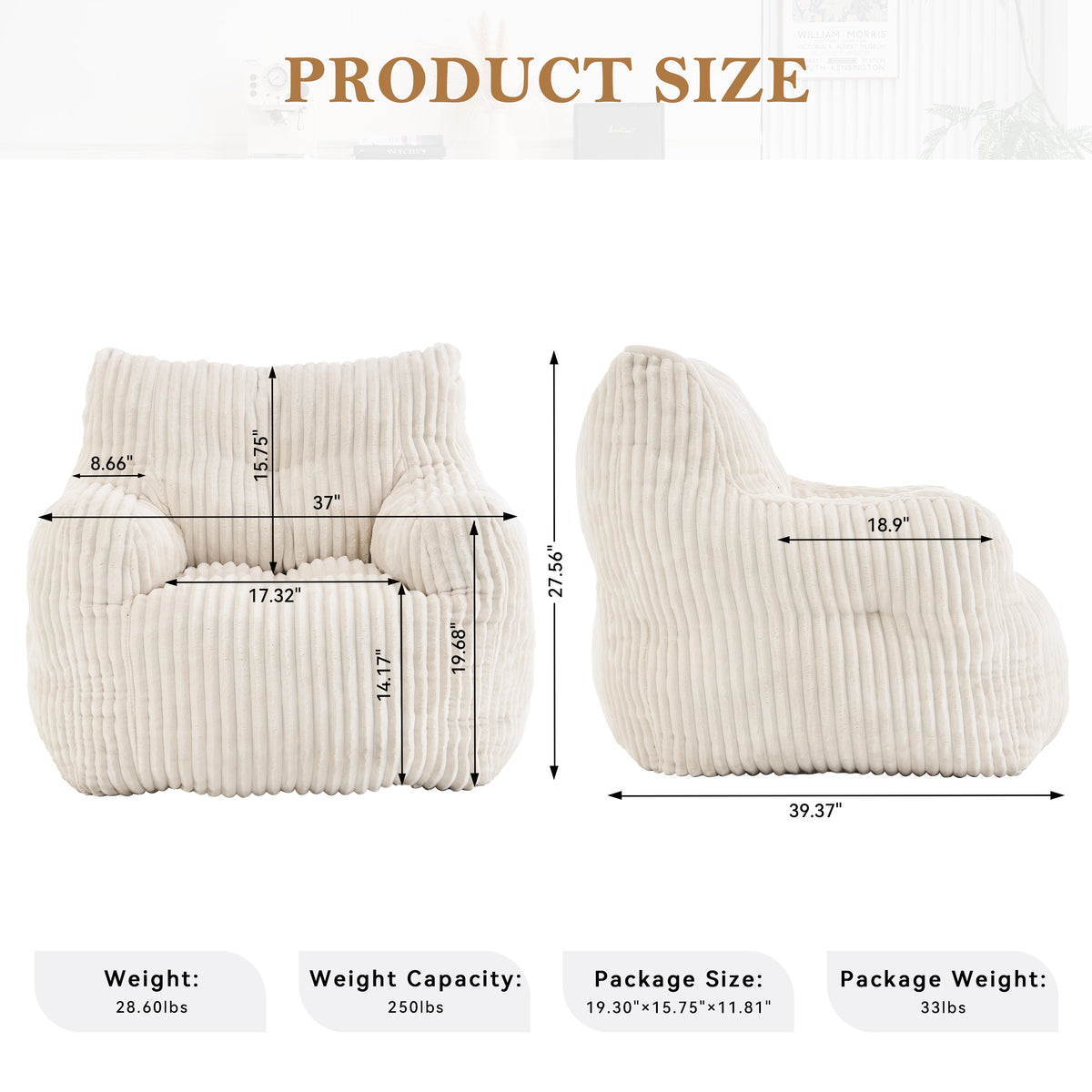 Full product view of Bean Bag Chair Cushioned Seating Beige Corduroy