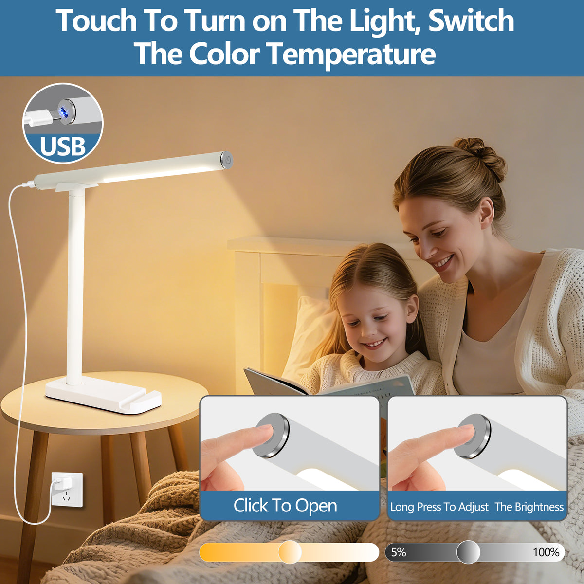 Alternate angle of Desk Lamp USB Charging & 5 Light Modes White Iron