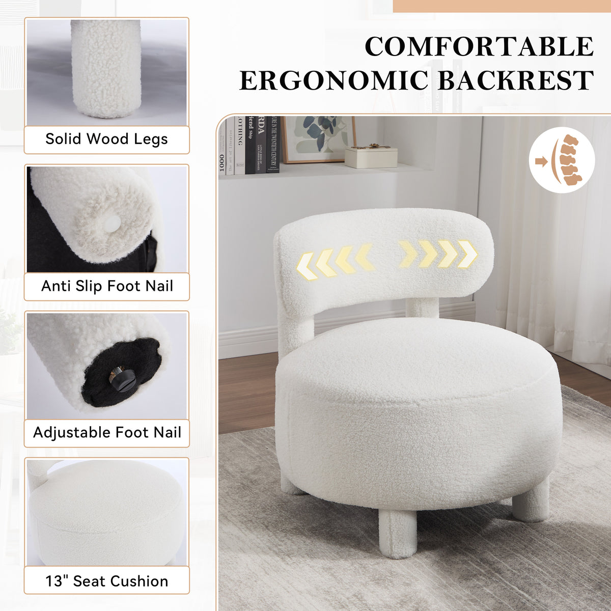 Close-up detail of Accent Chair Cushioned Seating White Teddy Fabric
