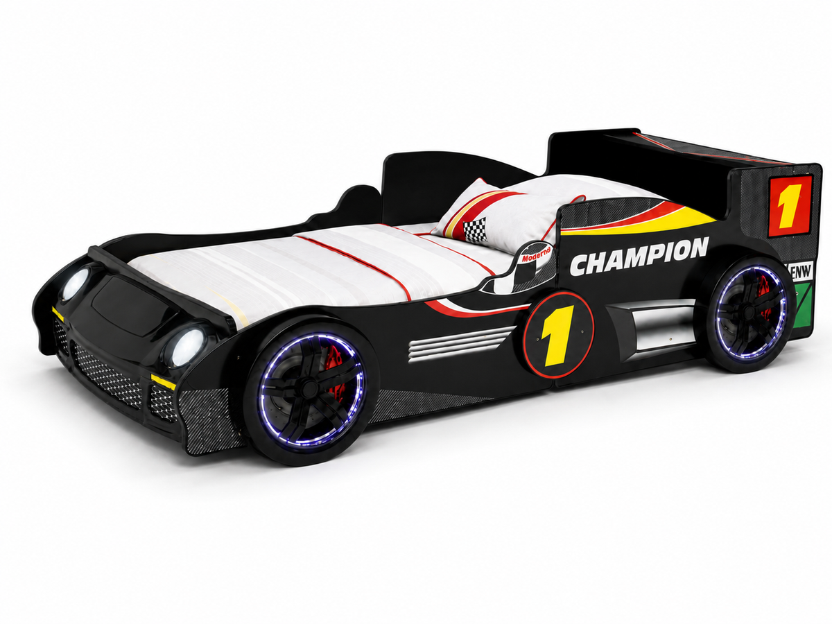 Construction and detail view of Bed Frame LED Race Car Design Black Particle Board Twin Size