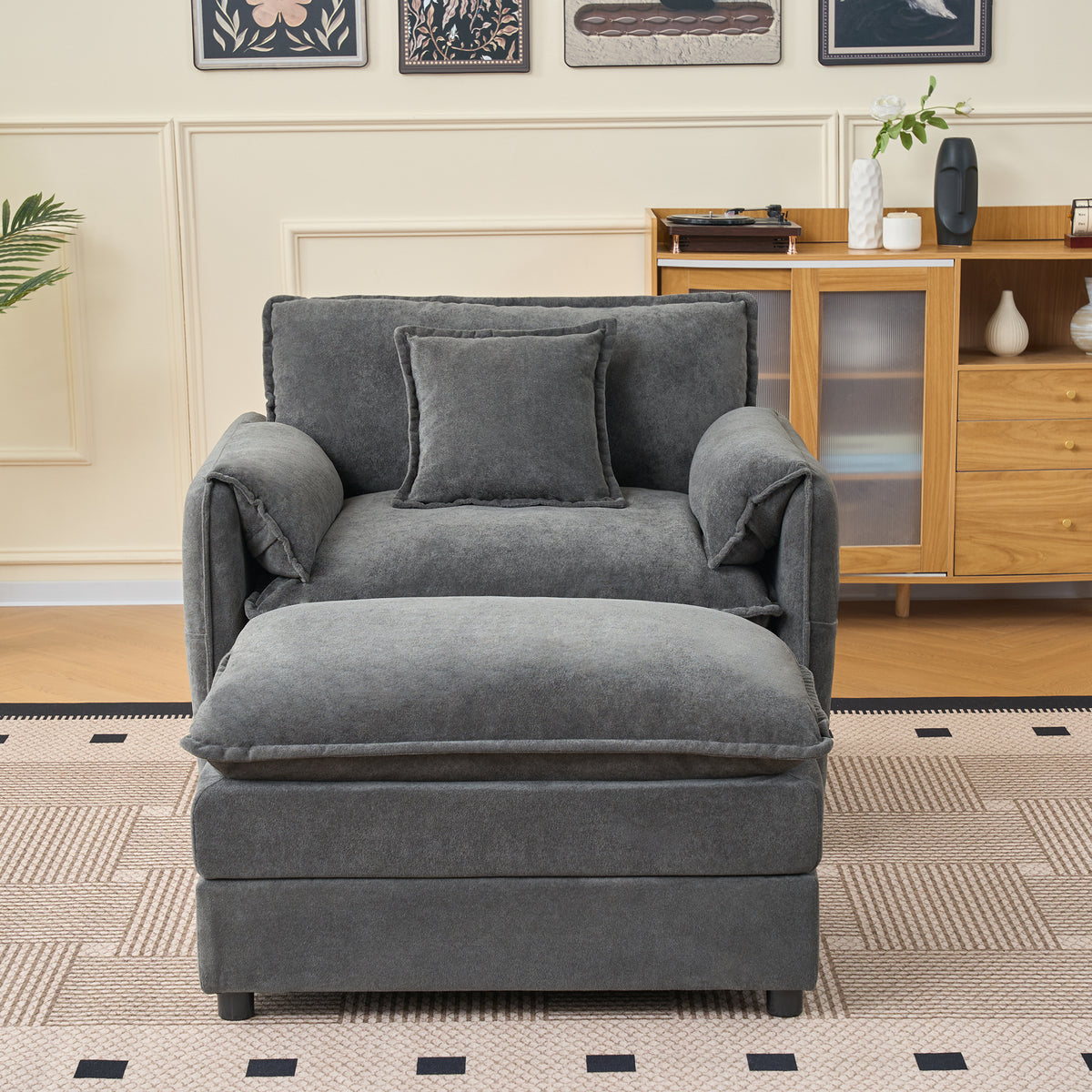 Design feature view of Ottoman Cushioned Footrest Gray Chenille
