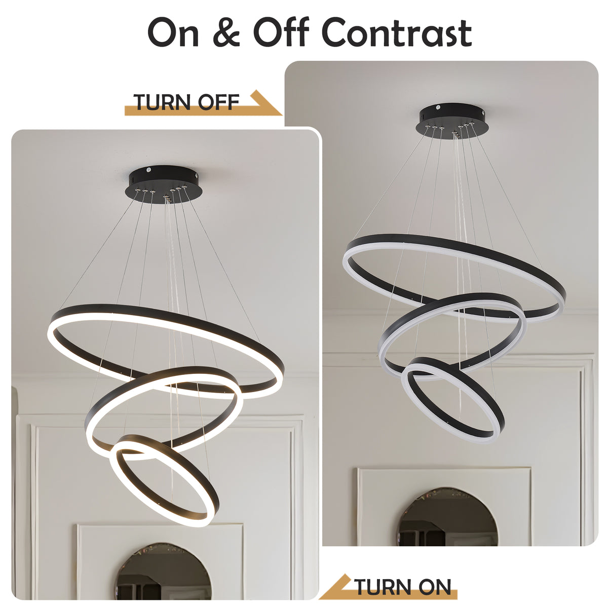 Construction and detail view of Chandelier 3-Ring Dimmable LED Black Acrylic & Aluminum