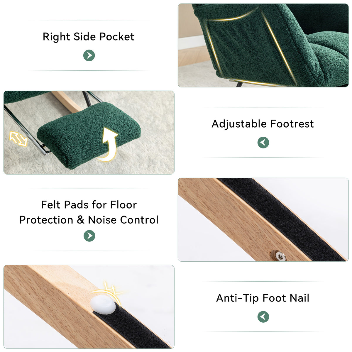 Design feature view of Rocking Chair Adjustable Footstool Green Teddy Fabric
