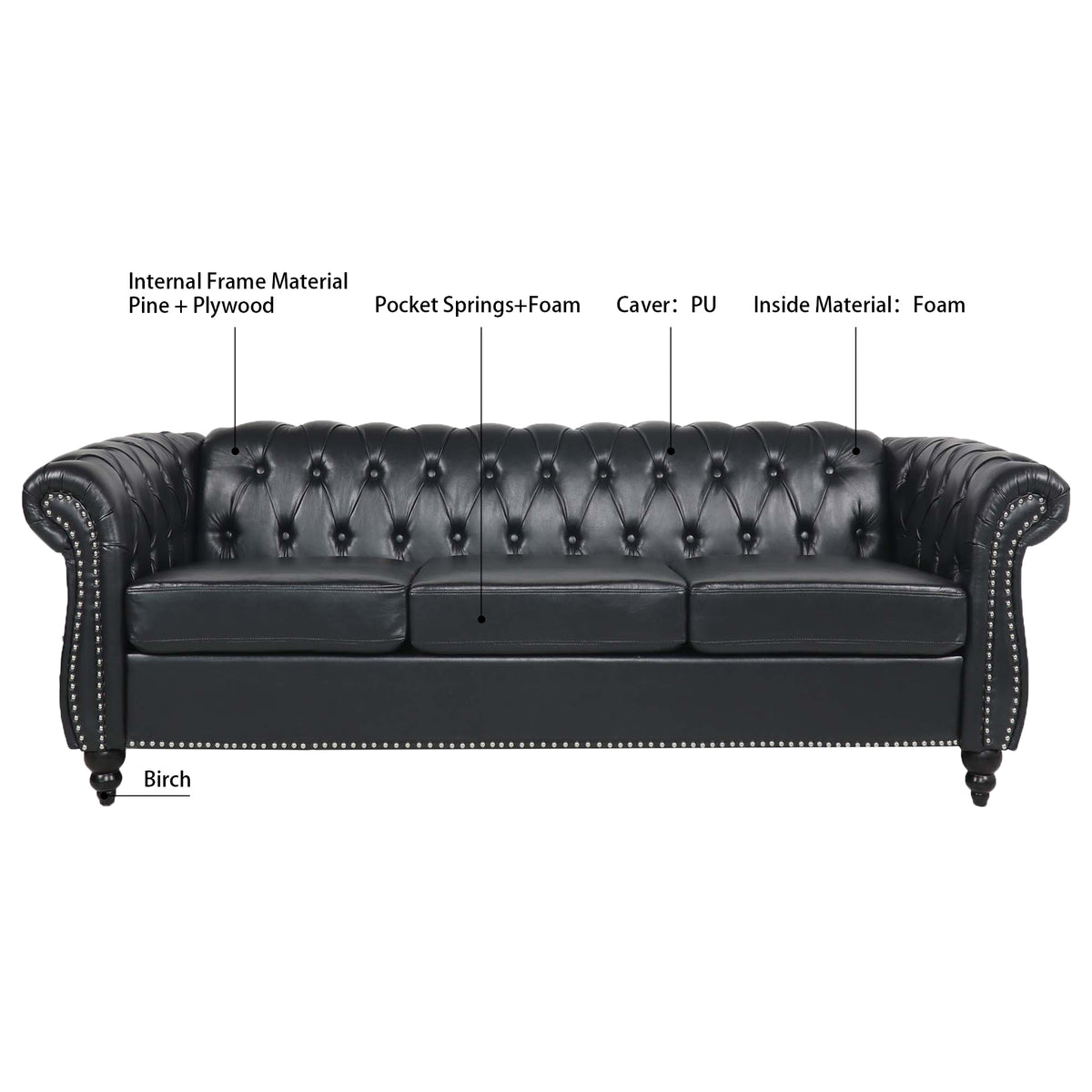 Additional product detail of Sofa Chesterfield Cushioned Seating Black PU Leather 3-Seater