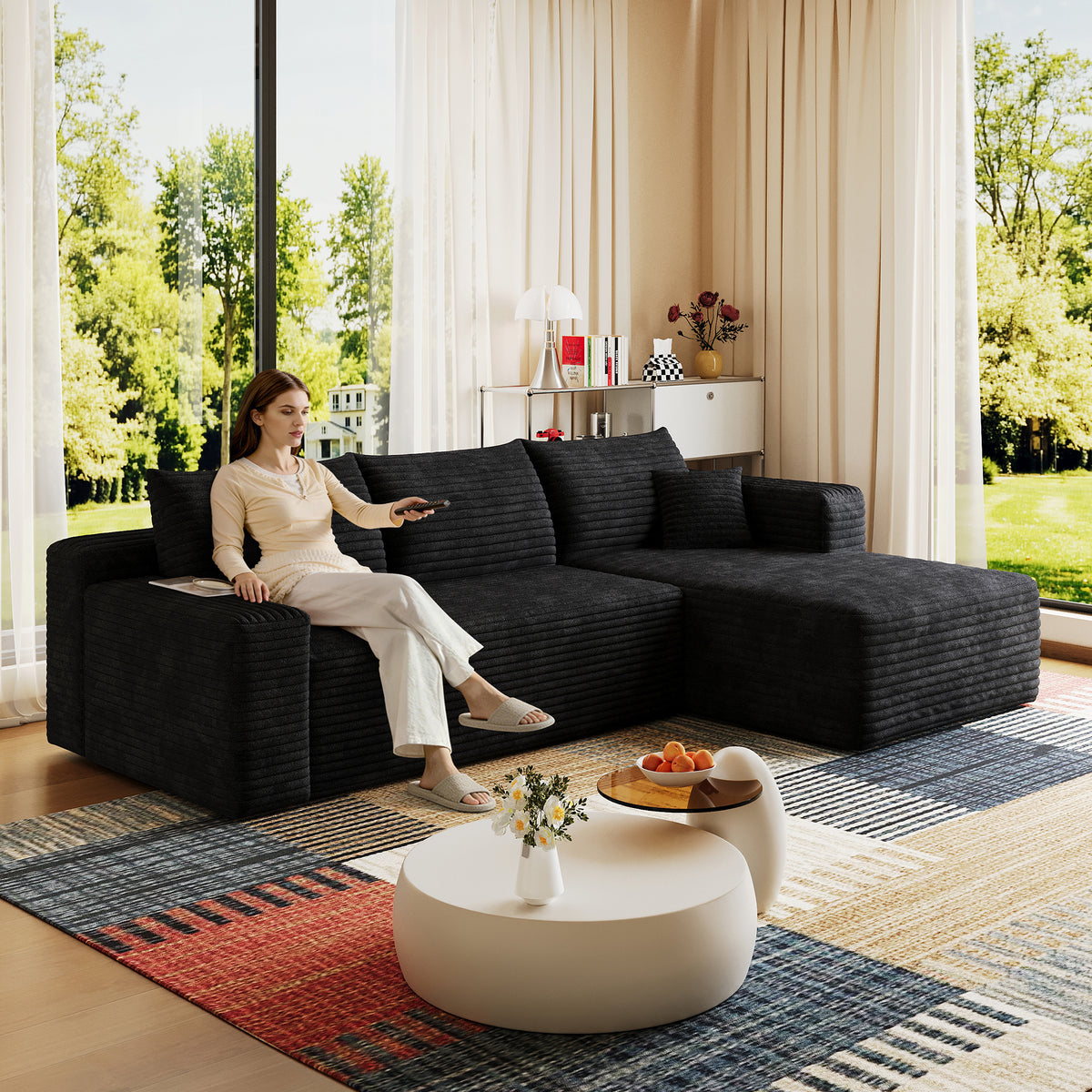 Full product view of Sectional Sofa Modular Sectional Black Corduroy