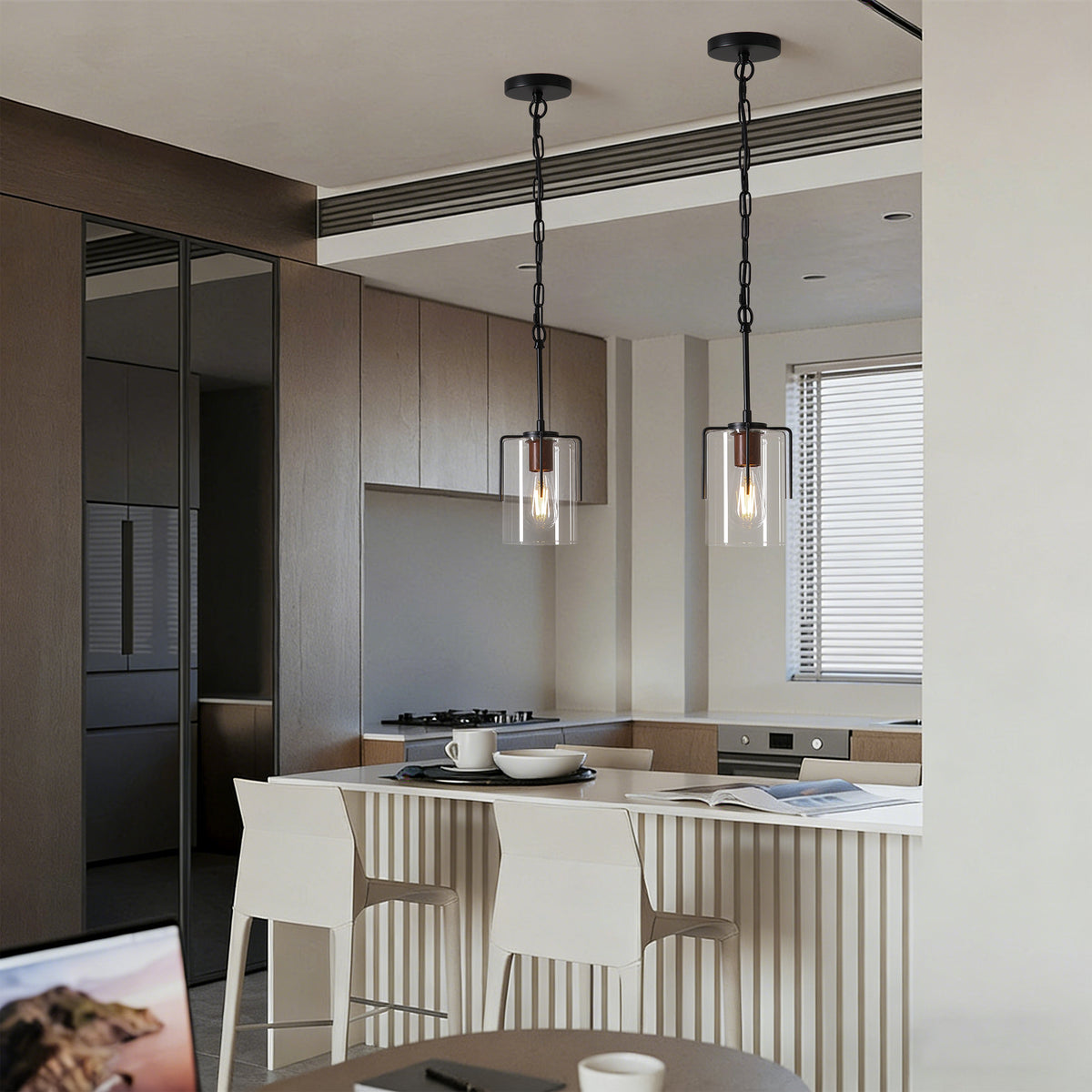 Pendant Light Farmhouse Clear Glass Shade Black Glass in a modern home interior