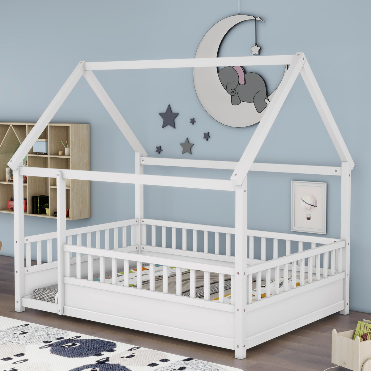 Additional view of Bed Frame Modern House Roof & Guardrails White Wood Full Size