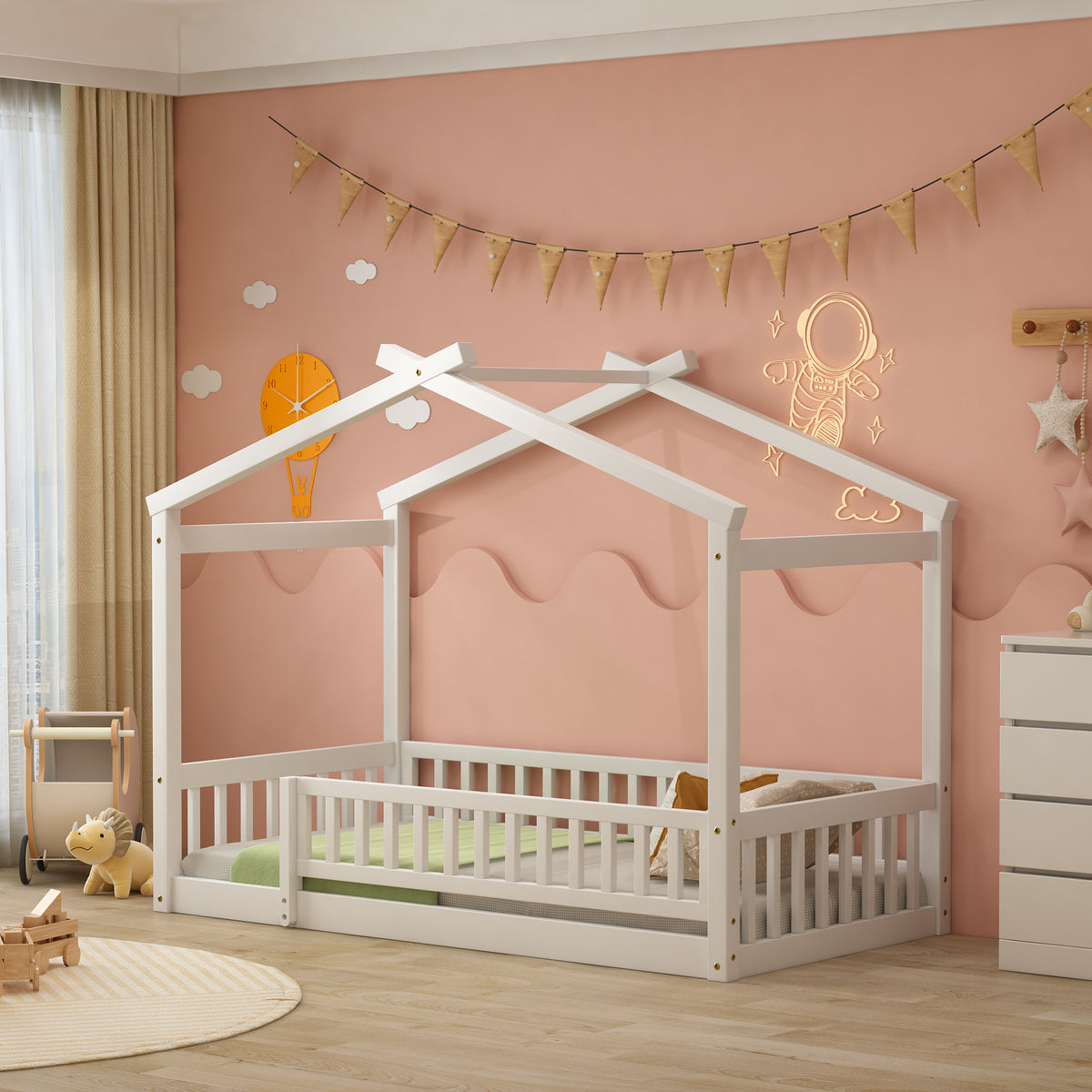 Full product view of Kids Bed Frame House Frame & Fence White Pine Wood Twin Size