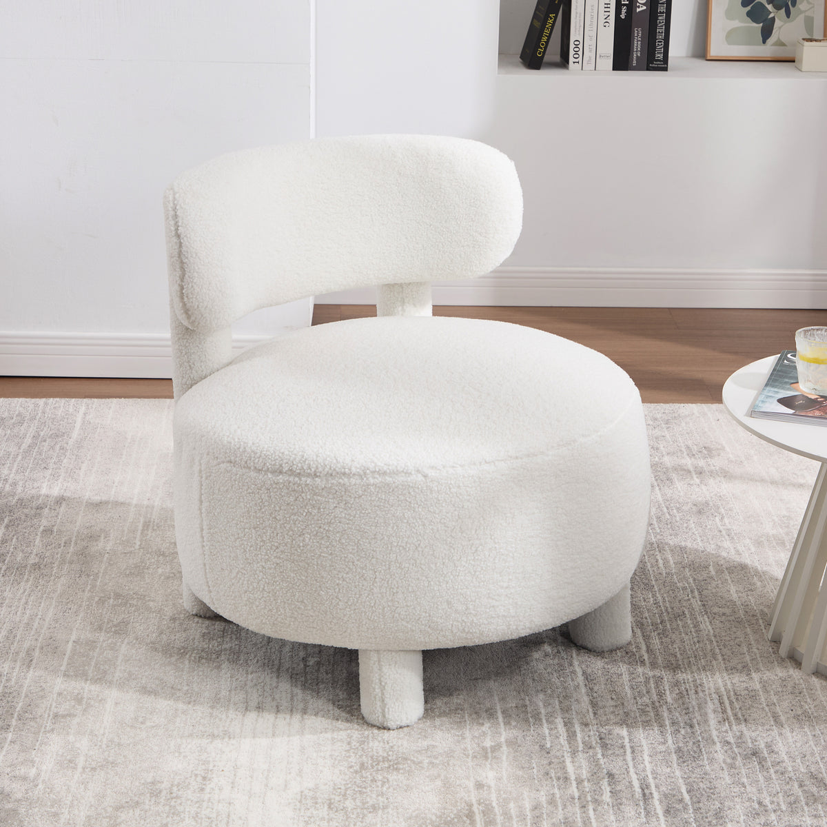 Accent Chair Cushioned Seating White Teddy Fabric in a modern living room