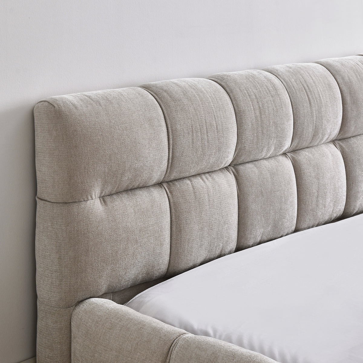 Construction and detail view of Bed Frame Modern Supportive Frame Beige Chenille Queen Size