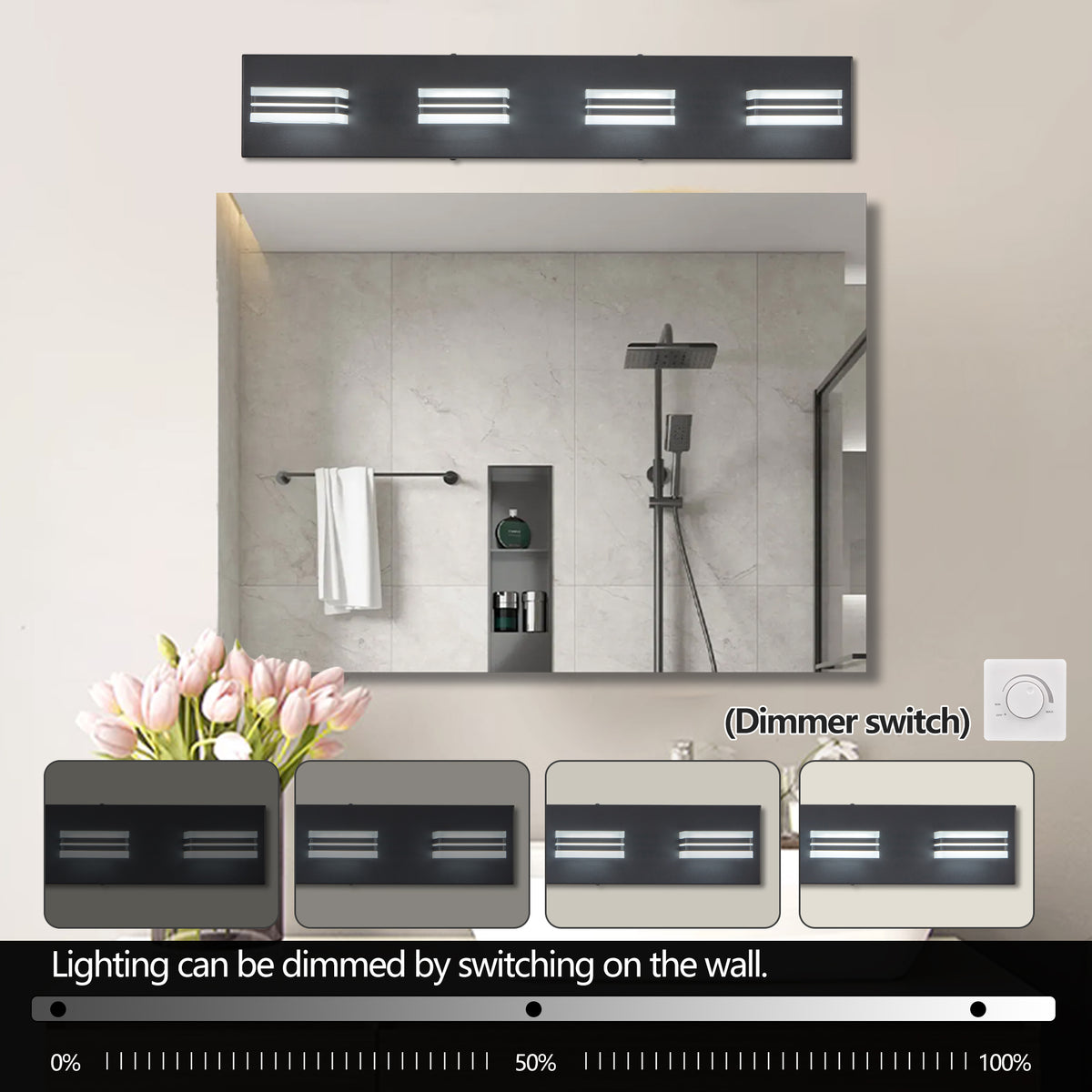 Design feature view of Vanity Light Modern 4-Light LED Black Iron & Acrylic
